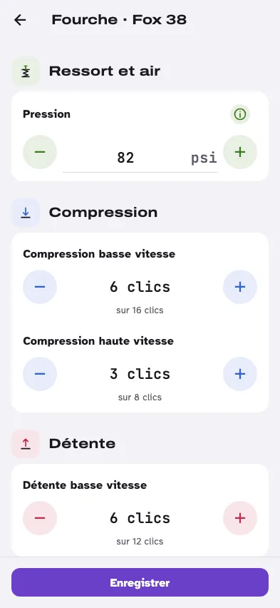 Écran de réglage de la fourche Fox 38 : pression 82 psi, compression basse vitesse 6 clics sur 16, haute vitesse 3 clics sur 8, détente 6 clics sur 12.